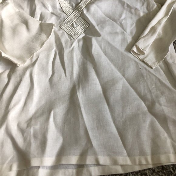 Ann Taylor Off White Beaded 100% Linen Long Sleeve V Neck Popover Tunic Top SZ 4 - Picture 2 of 8